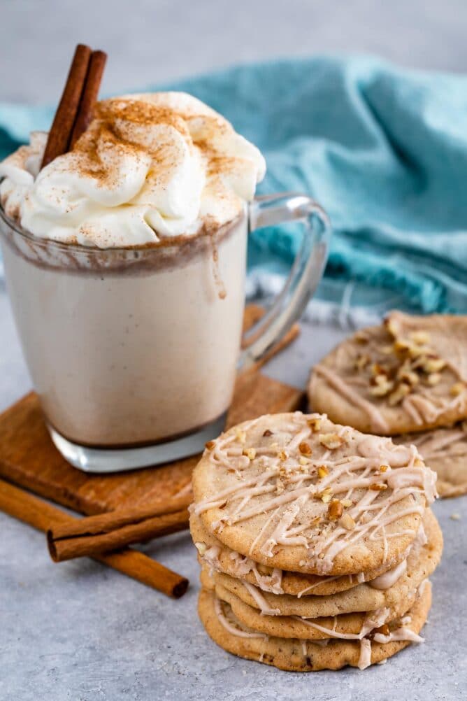 stack of cookies with hot cocoa