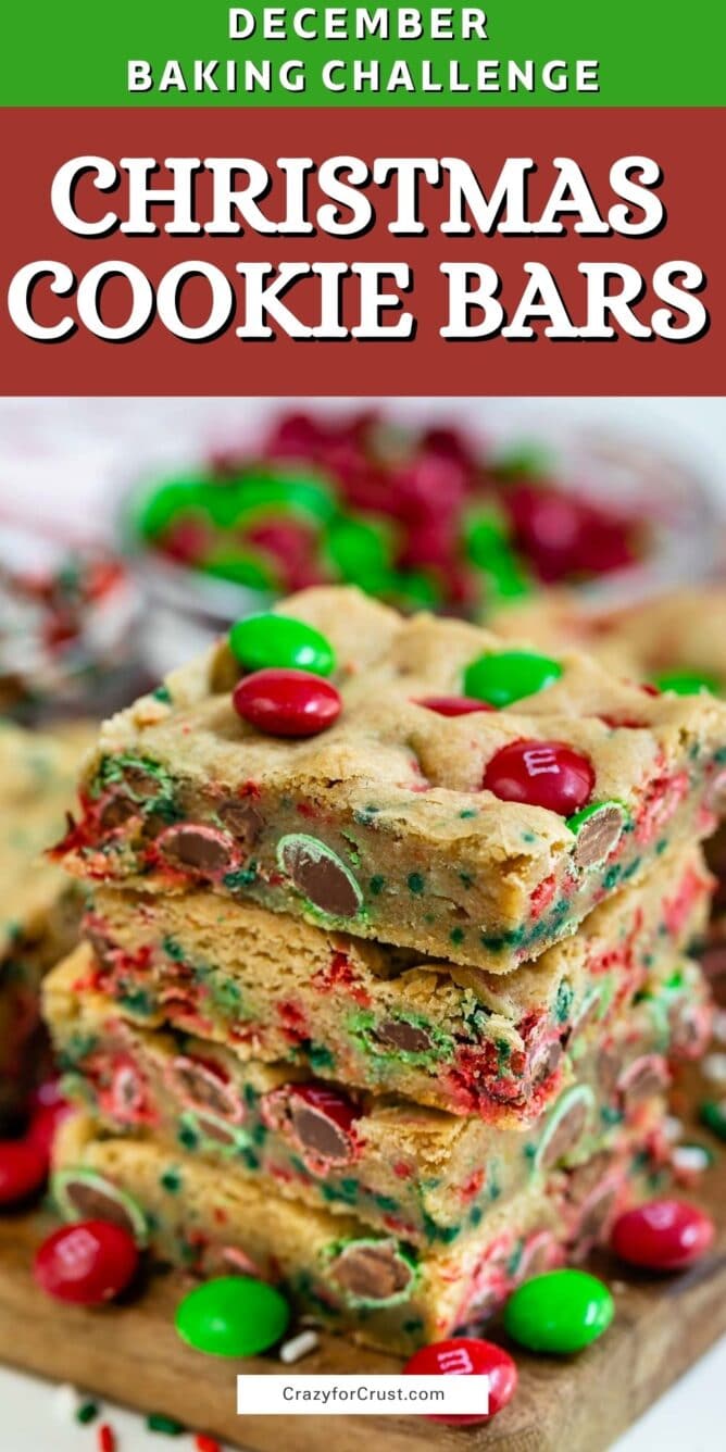 stack of cookie bars with m&ms and words on photo