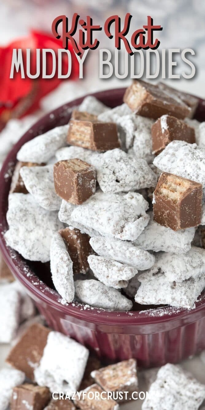 purple bowl of muddy buddies