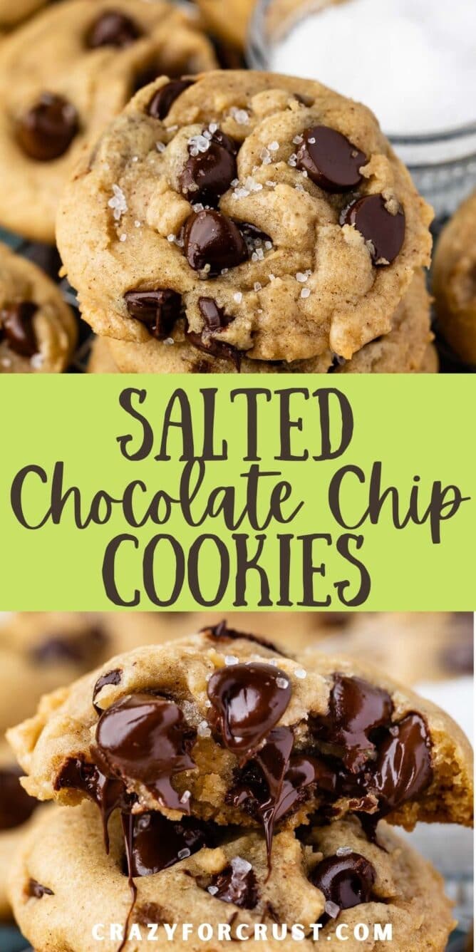 Photo collage of salted chocolate chip cookies with recipe title in the middle of two photos