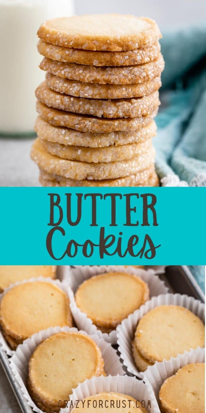 Photo collage of easy butter cookies with recipe title in the middle of two photos