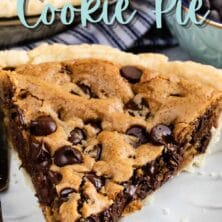 slice of chocolate chip cookie pie on white plate with words on photo