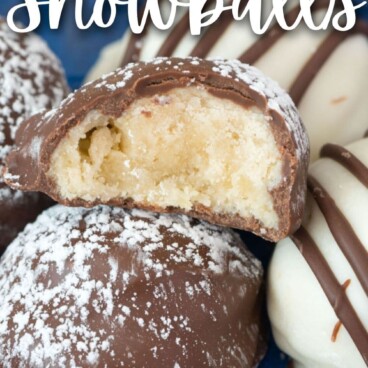 Chocolate dipped cookies on a plate with one bit in half to show inside and recipe title on top of image