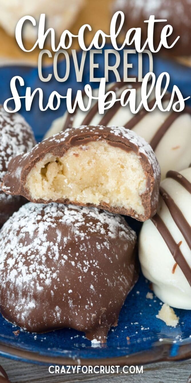 Chocolate dipped cookies on a plate with one bit in half to show inside and recipe title on top of image