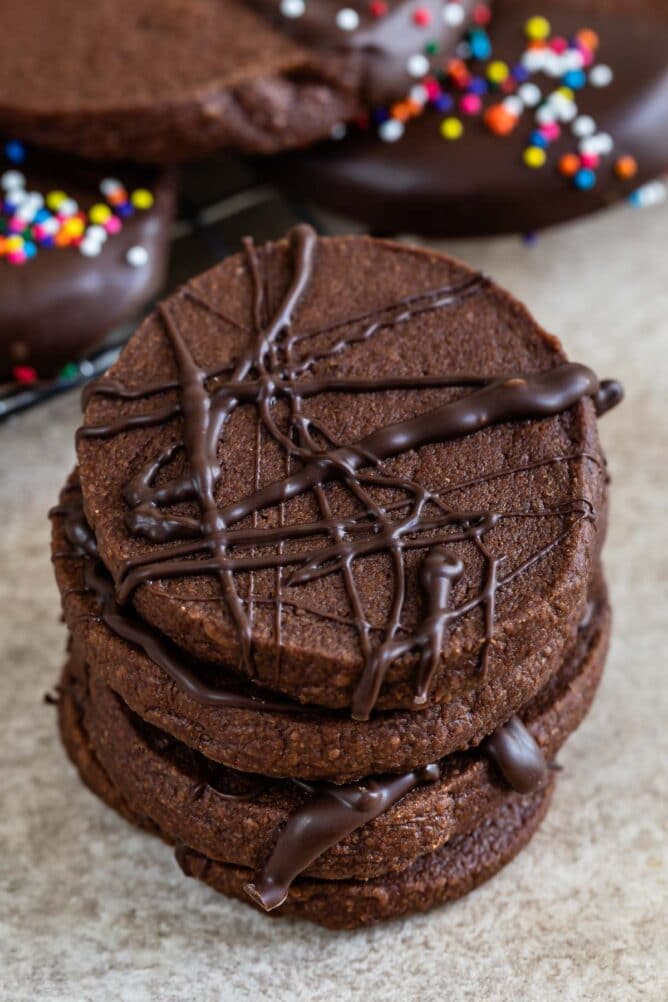 Overhead shot of chocolate shortbread cookies with chocolate icing