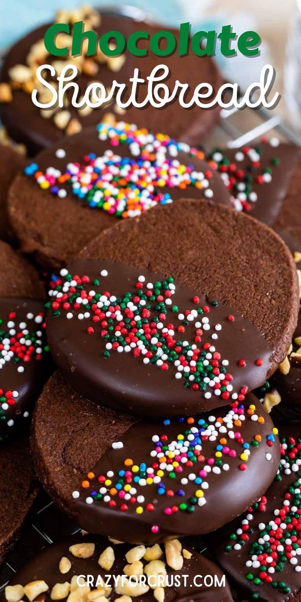 Chocolate shortbread cookies with sprinkles and recipe title on top of image