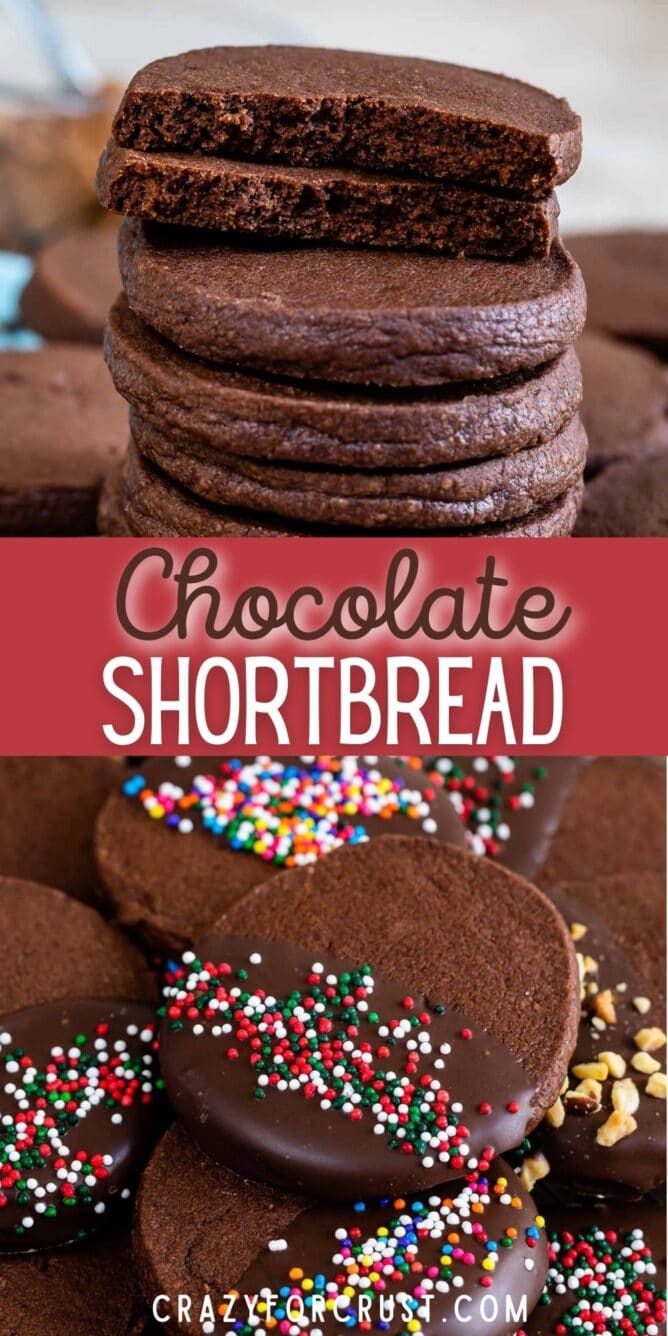 Collage of chocolate shortbread cookies with recipe title in the middle of two photos