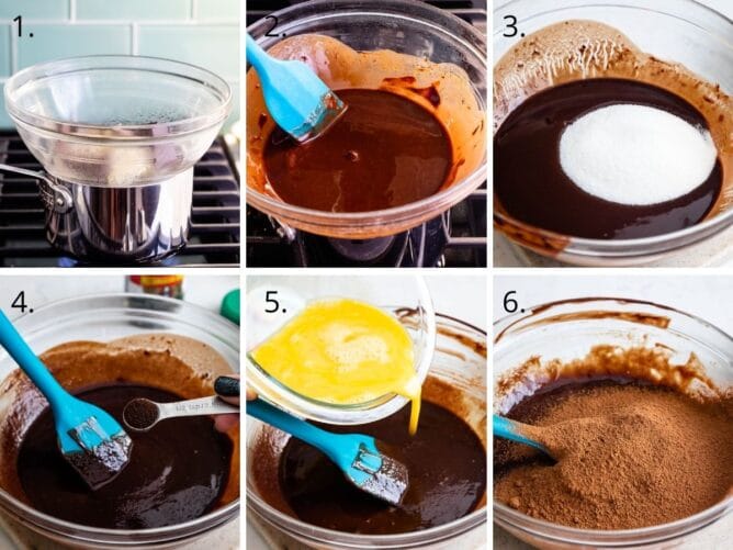 Six photos showing the process of making flourless chocolate cake