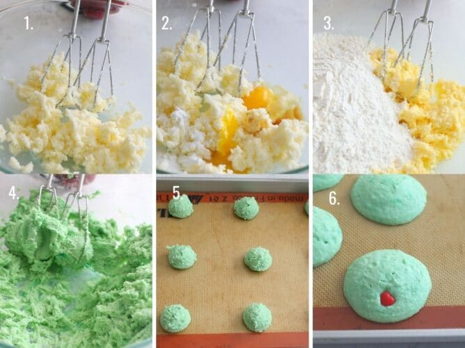 collage of 6 photos showing how to make grinch cookies