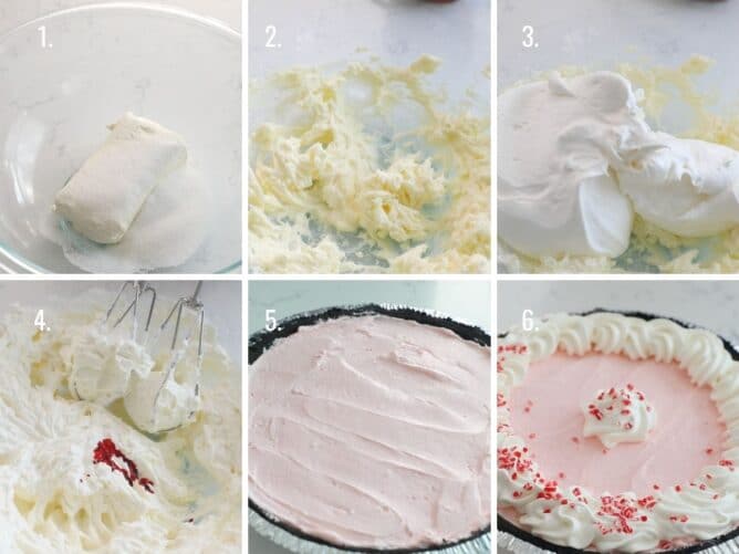 6 grid collage showing how to make peppermint pie