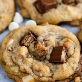 close up of cookie with Kit Kat candy bars