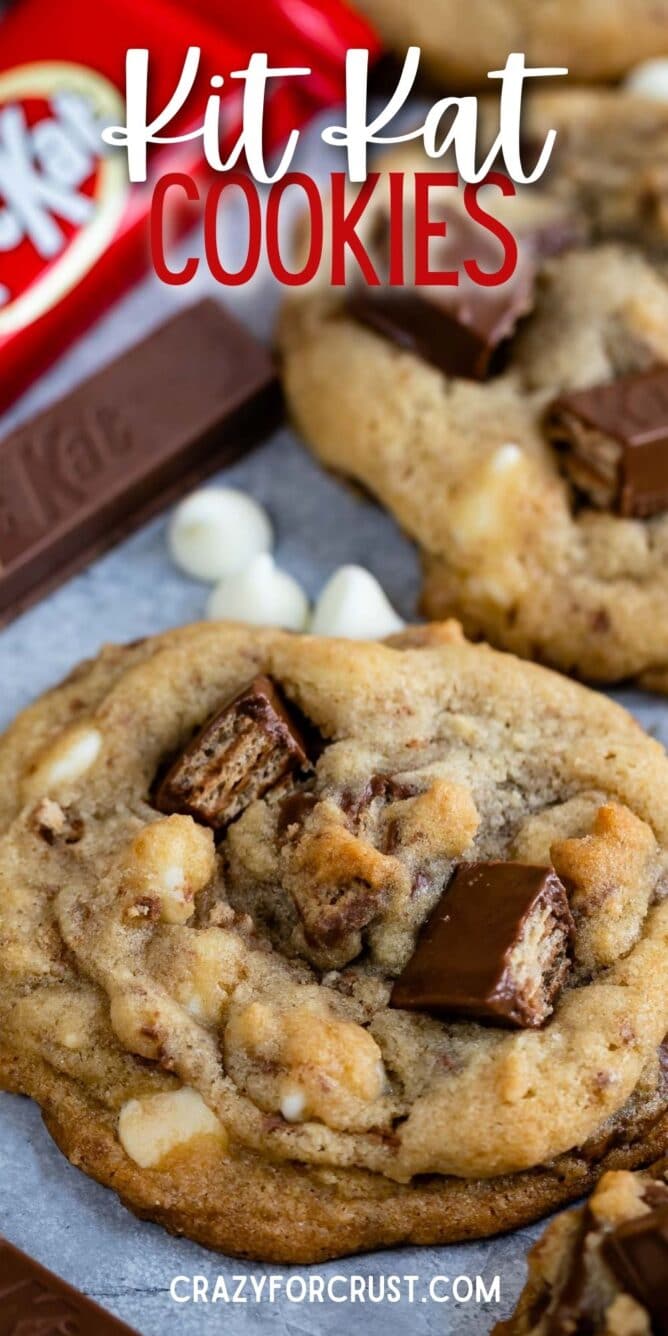 close up of cookie with Kit Kat candy bars