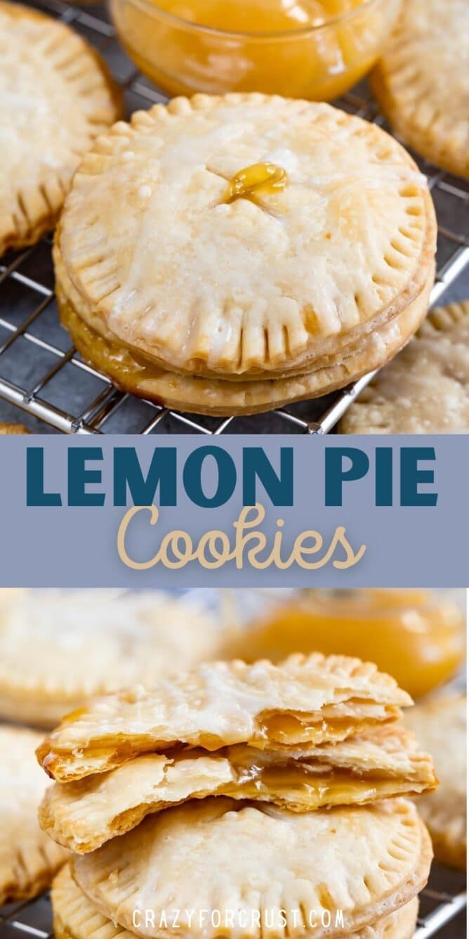 Photo collage of lemon pie cookies with recipe title in the middle of two photos