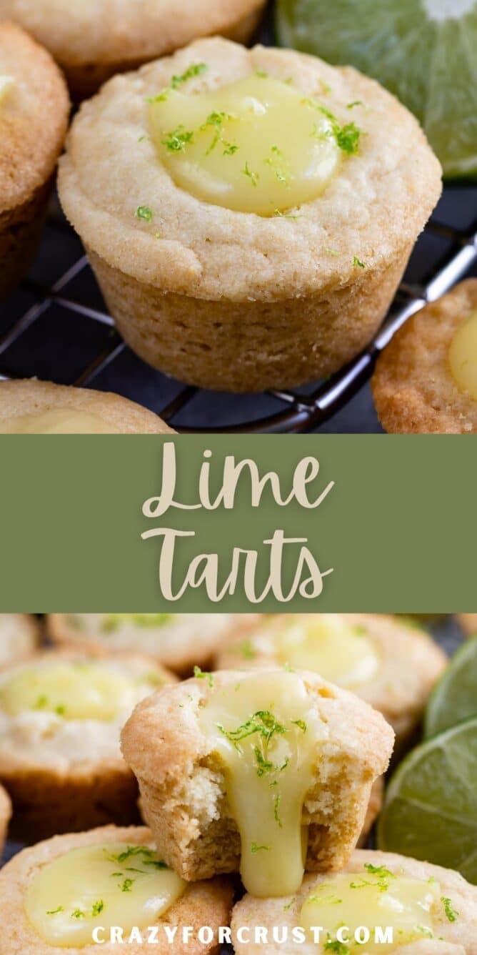 Photo collage of lime tarts with recipe title in the middle of two photos