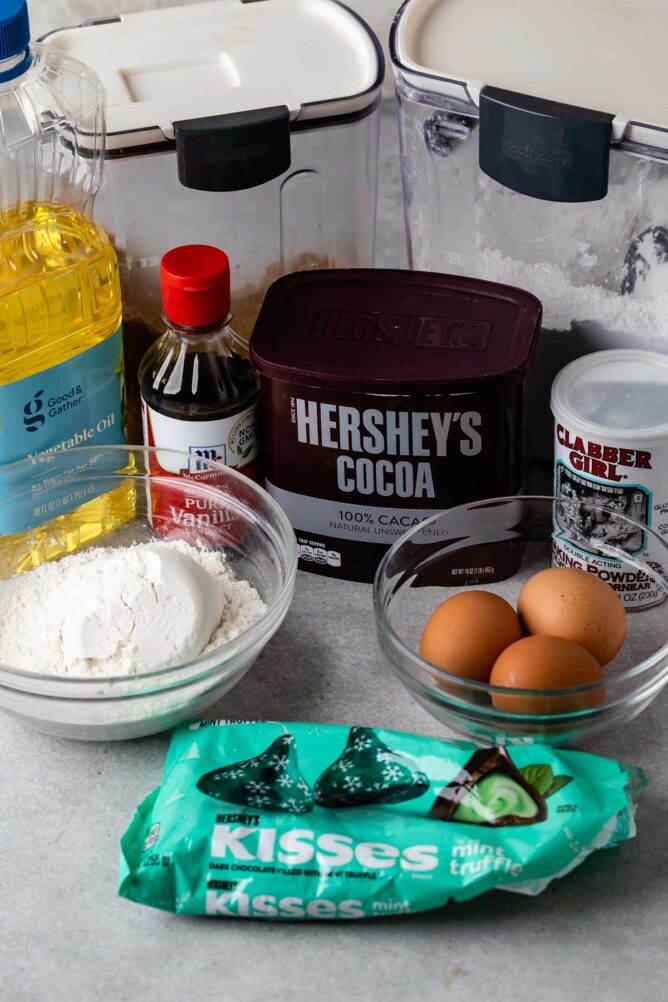 All ingredients needed to make chocolate mint kiss crinkles