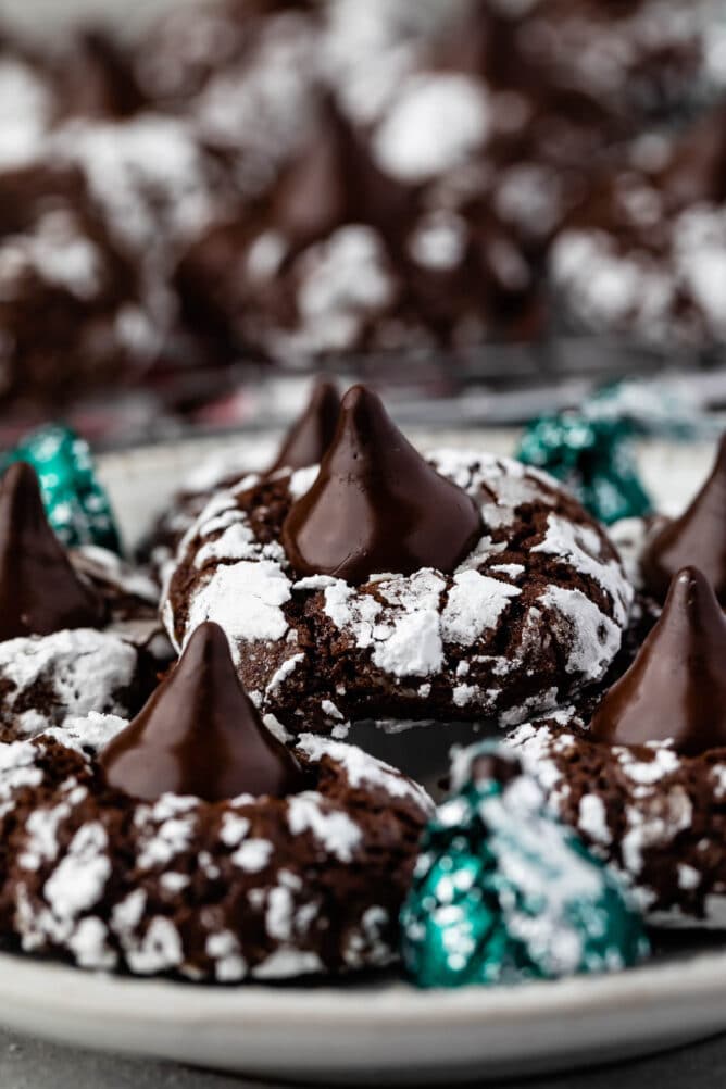 Close up shot of chocolate mint kiss crinkle cookies