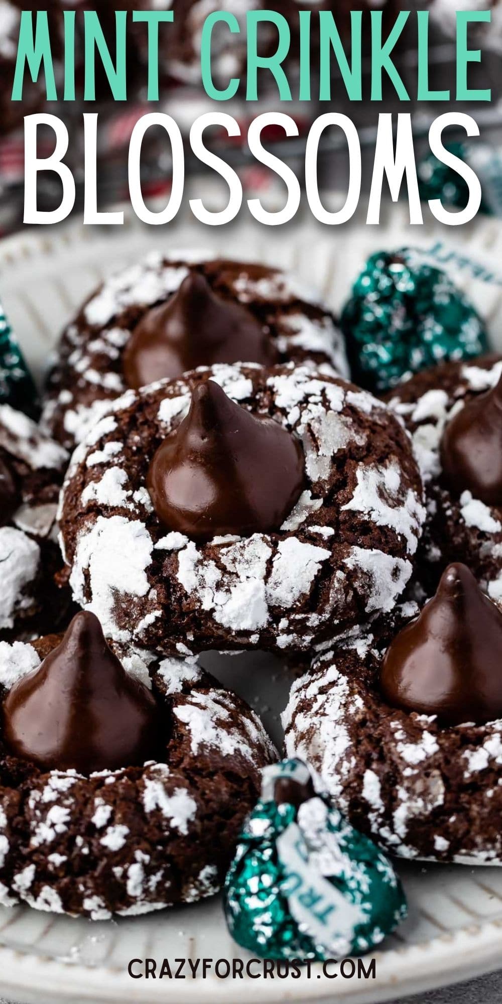 Close up shot of chocolate mint kiss crinkles with recipe title on top of image
