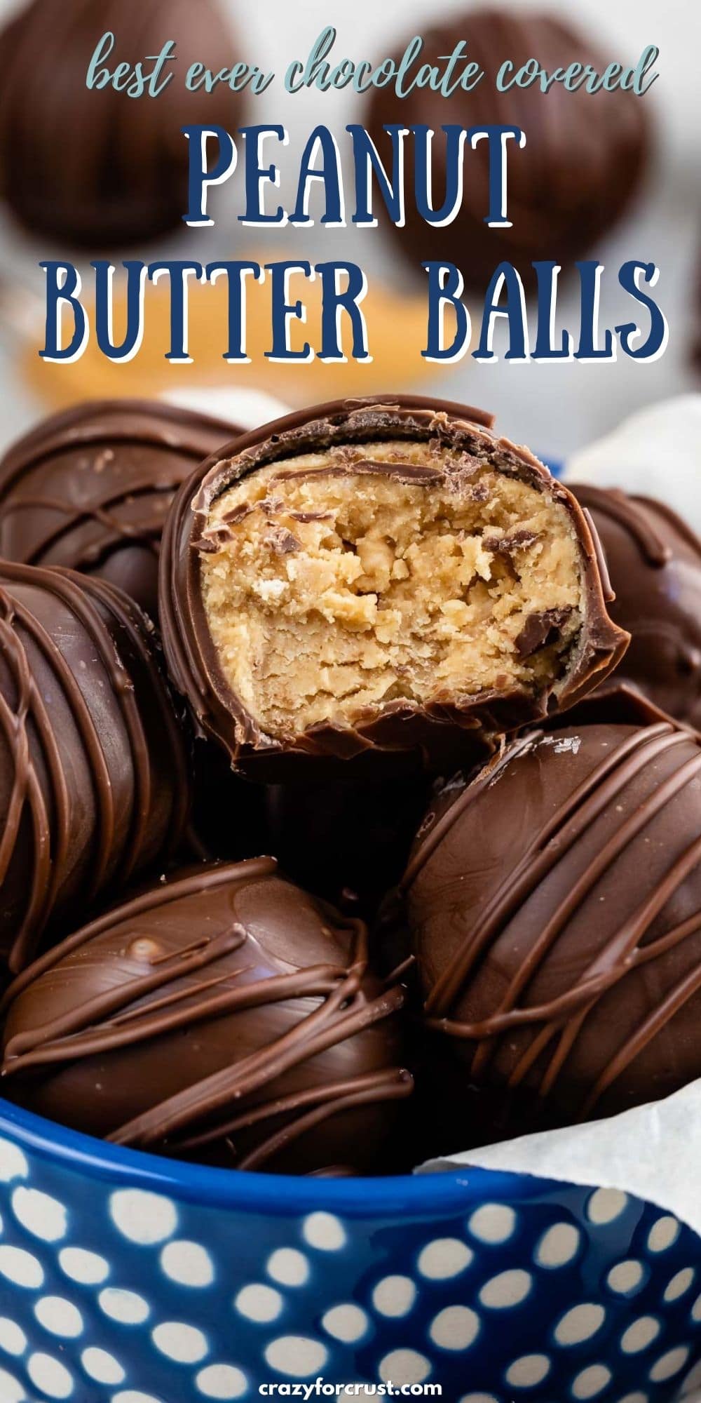blue bowl with peanut butter balls inside and one cut in half
