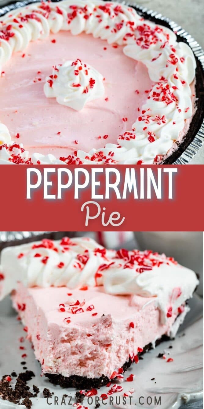 Photo collage of peppermint pie photos with recipe title in the middle