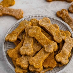 Pumpkin peanut butter dog cookies shaped as dog bones on a plate