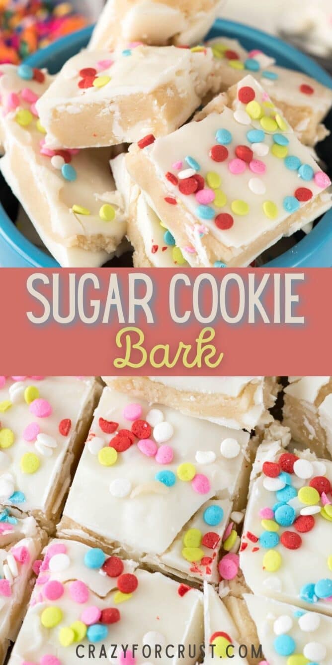 Photo collage of sugar cookie bark with recipe title in the middle of two photos