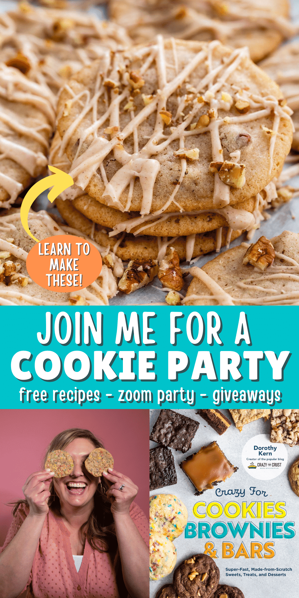photo of cookies, woman holding cookies over her eyes, and cookbook cover