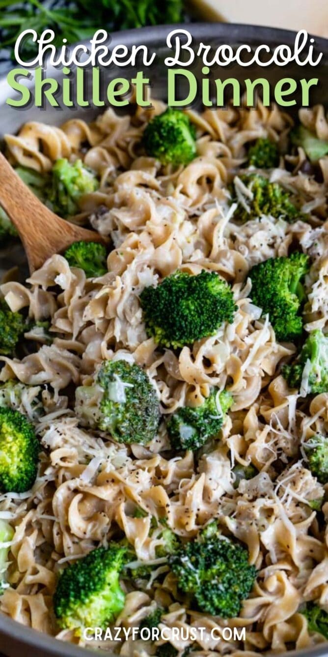 Overhead shot of chicken broccoli skillet in pan with recipe title on top of image
