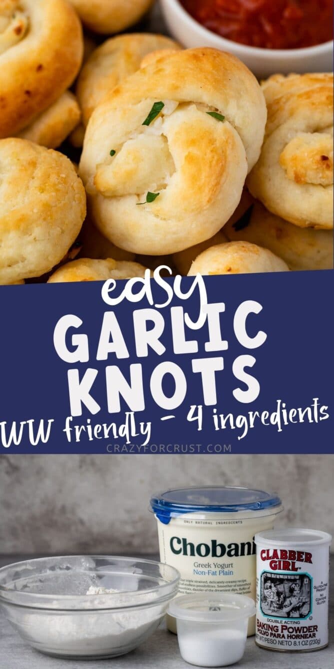 Photo collage of easy garlic knots with recipe title in the middle of two photos
