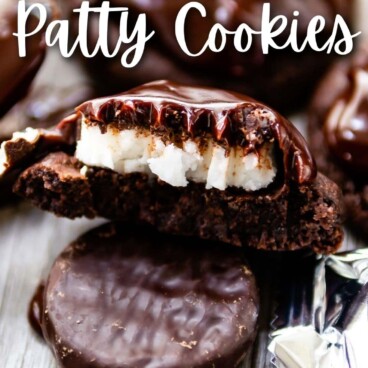 Close up of double chocolate peppermint patty split in half to show inside with recipe title on top of image