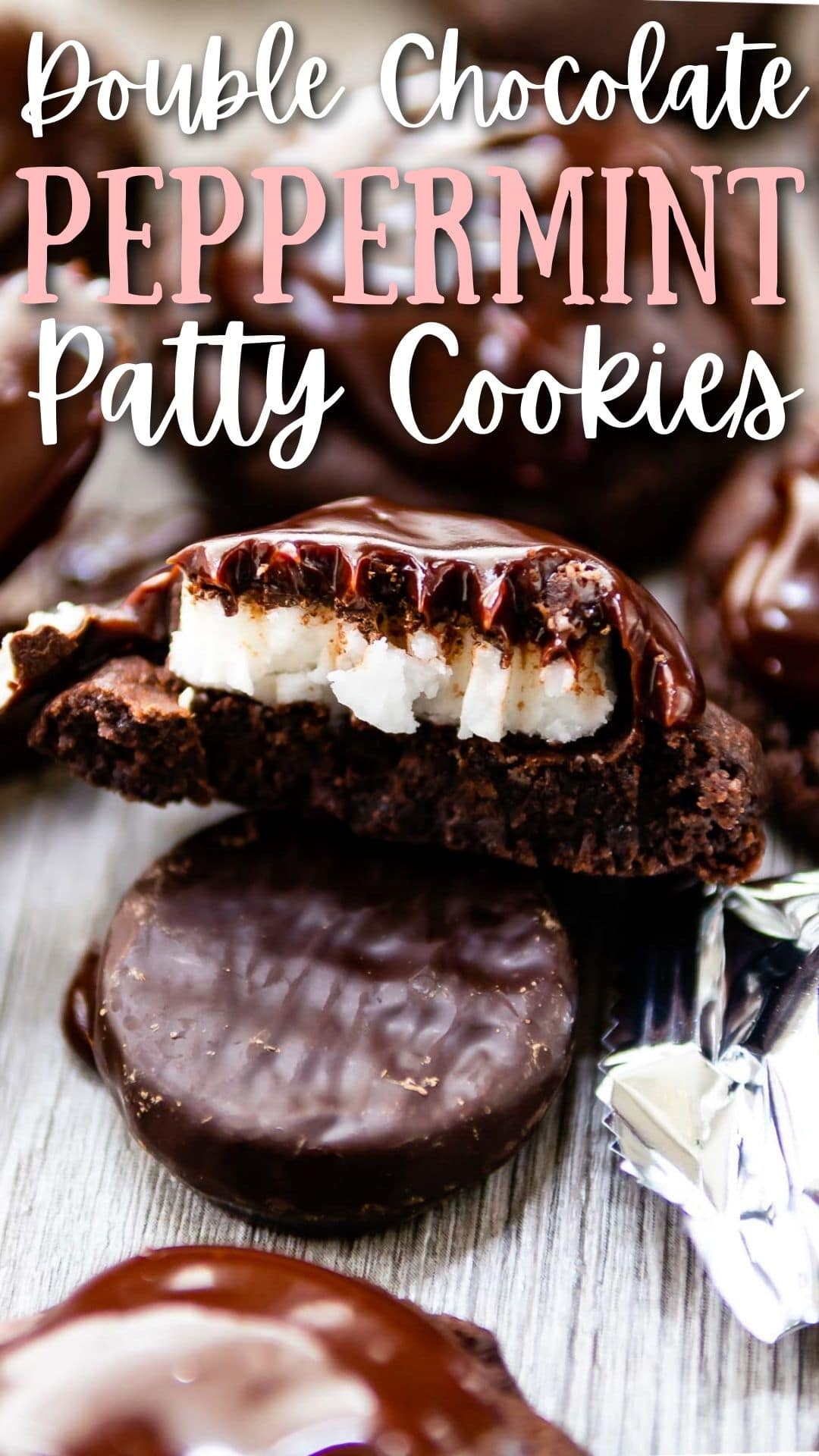 Close up of double chocolate peppermint patty split in half to show inside with recipe title on top of image