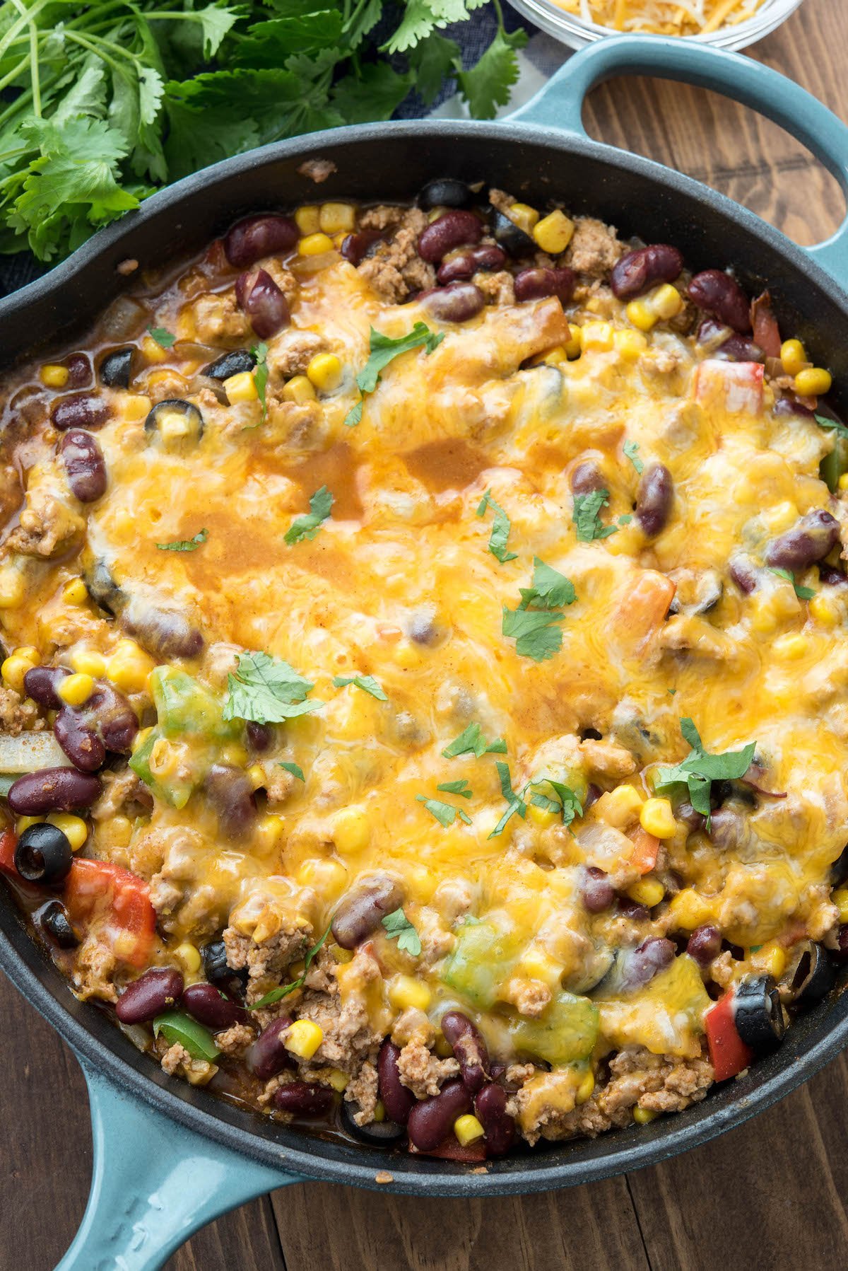 Overhead shot of one pot taco casserole in dish