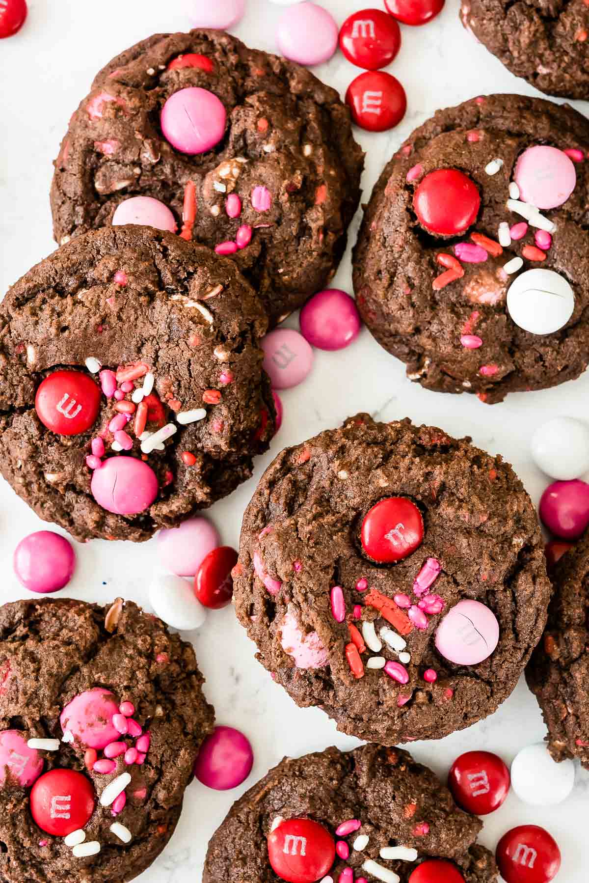 Overhead shot of very valentine pudding cookies loaded with m&ms