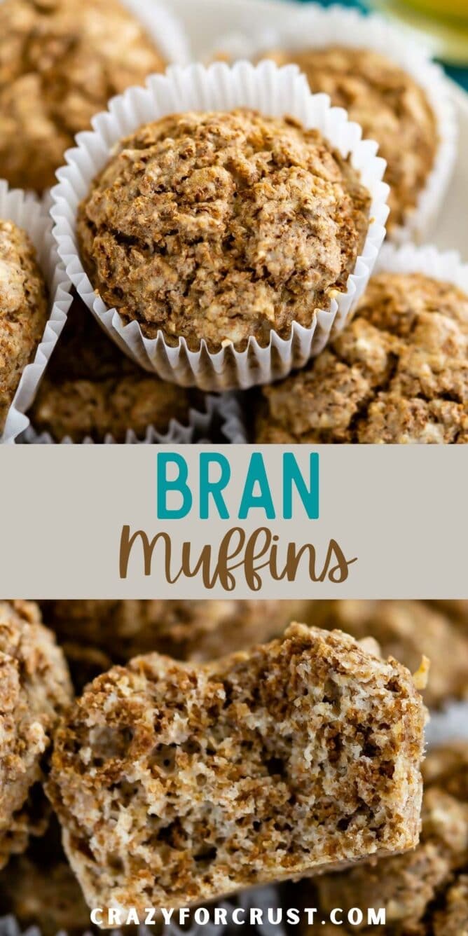 Photo collage of bran muffins with recipe title in the middle of two photos