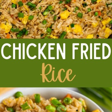 Photo collage of chicken fried rice with recipe title in the middle of two photos