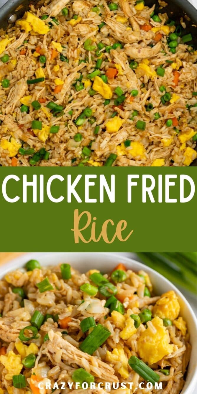 Photo collage of chicken fried rice with recipe title in the middle of two photos