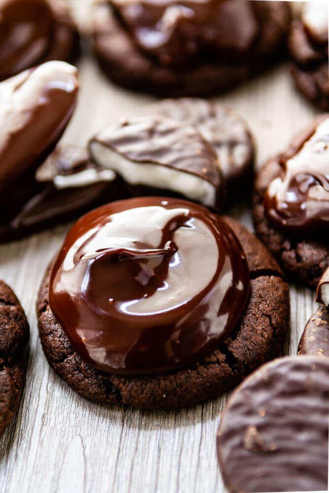 Close up overhead shot of double chocolate peppermint patty cookies