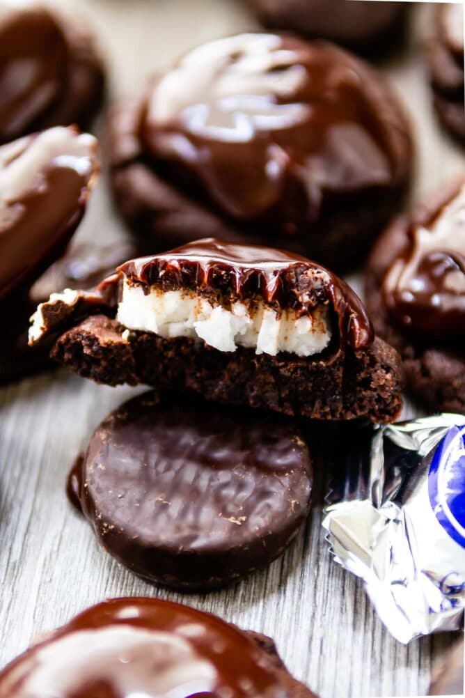 Close up of double chocolate peppermint patty split in half to show inside