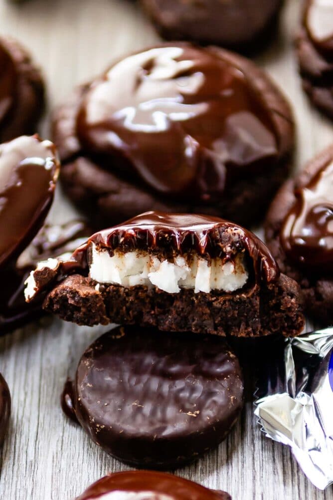 Close up of double chocolate peppermint patty split in half to show inside