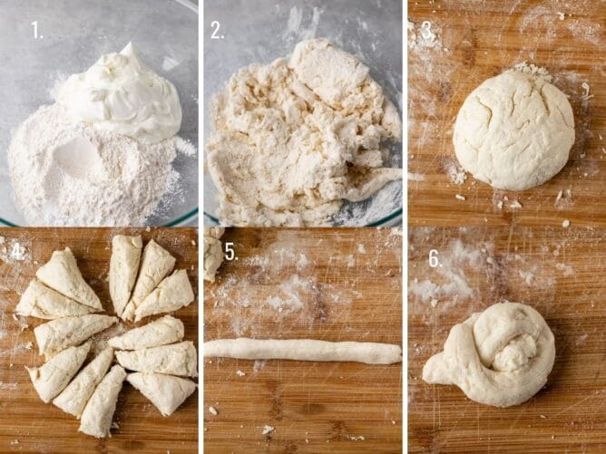 Six photos showing the process of making easy garlic knot dough