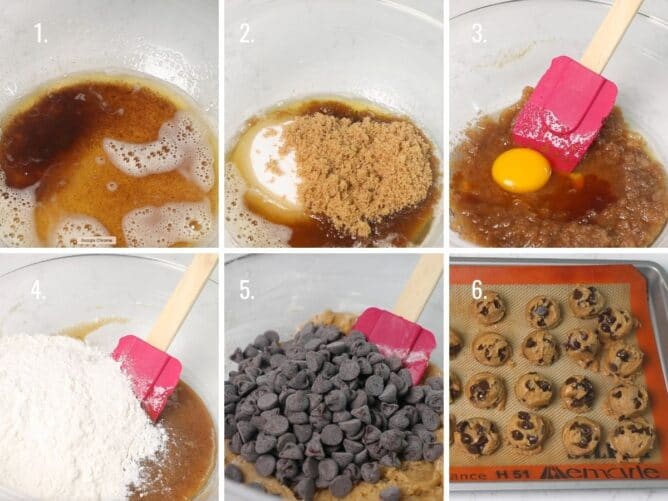 6 photos showing how to make chocolate chip cookies 