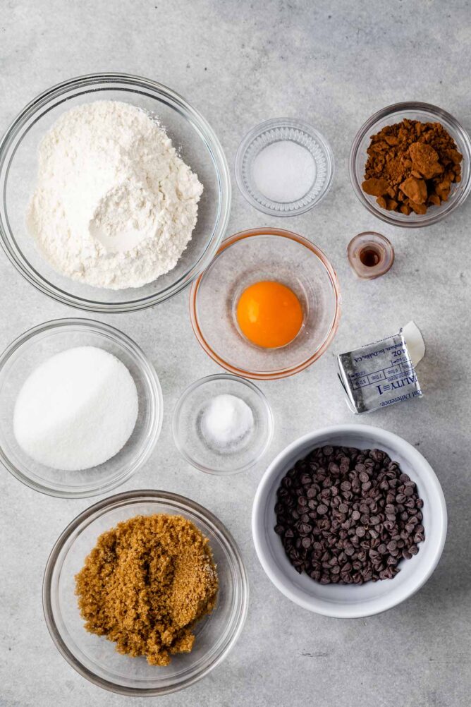 Overhead shot showing all ingredients needed to make small batch double chocolate chip cookies