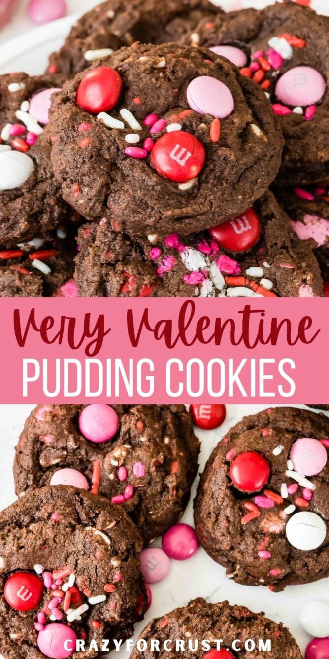 Photo collage of very valentine pudding cookies with recipe title in the middle of two photos