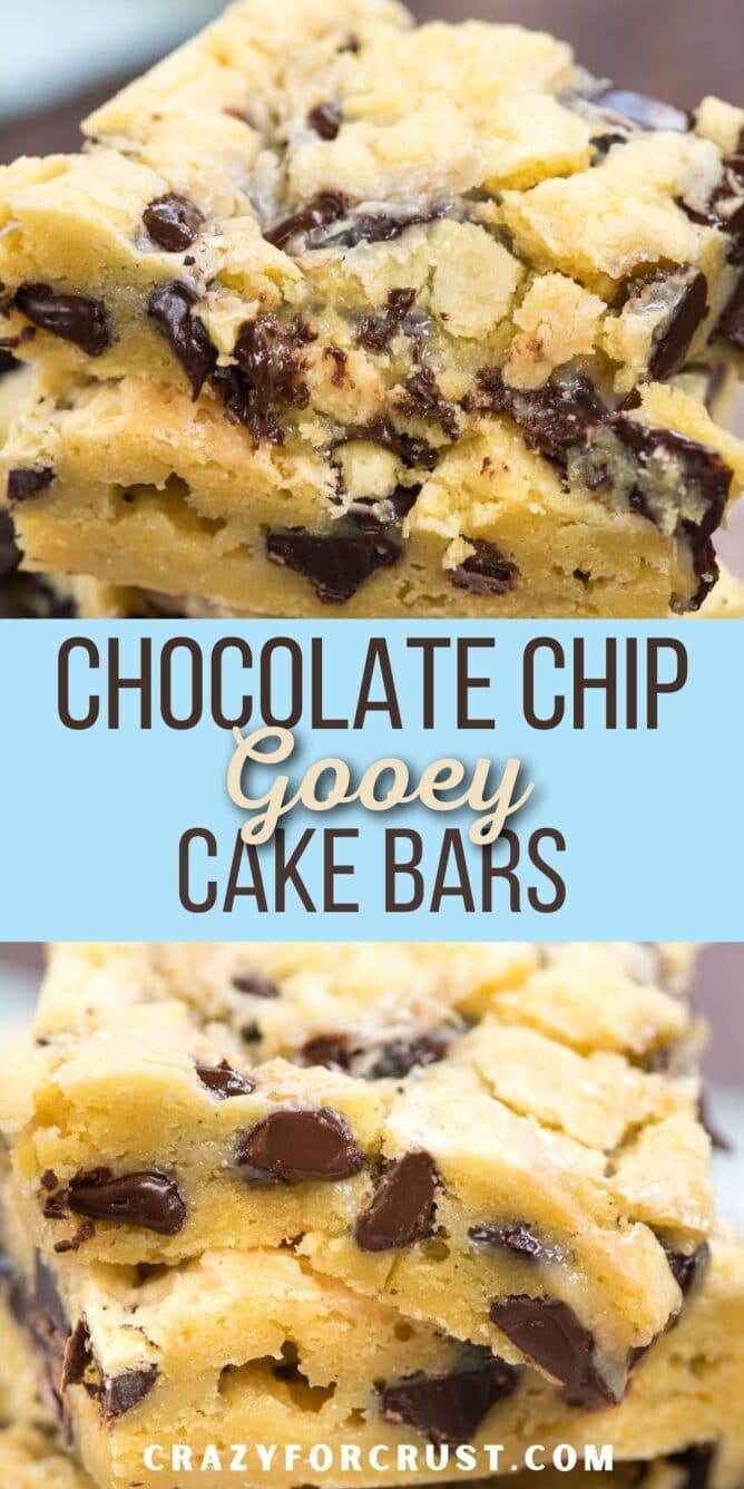 Collage of chocolate chip gooey cake bars with recipe title in the middle of two photos