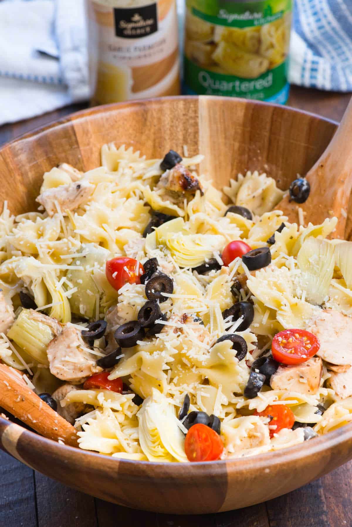 chicken pasta salad in bowl with napkin behind