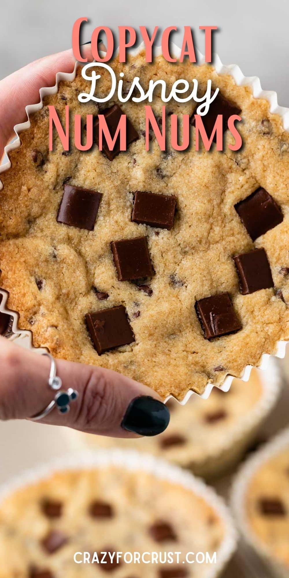 Hand holding one copycat disney num num cookie with recipe title on top of image