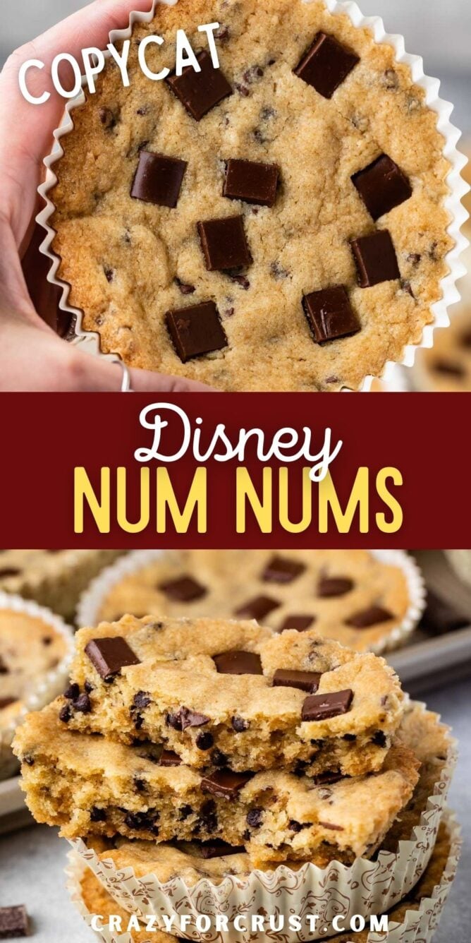 Photo collage of copycat disney num num cookies with recipe title in the middle of two photos