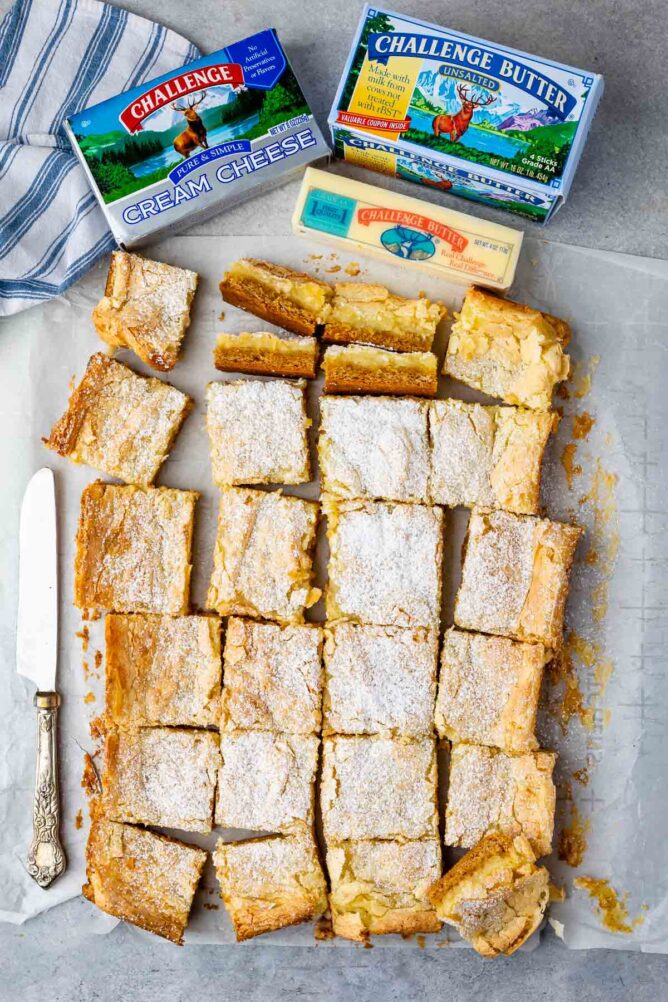 photo of gooey cake bars with challenge butter box