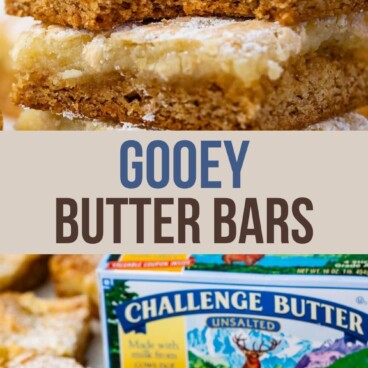 photo of gooey cake bars with bite missing and photo with challenge butter box