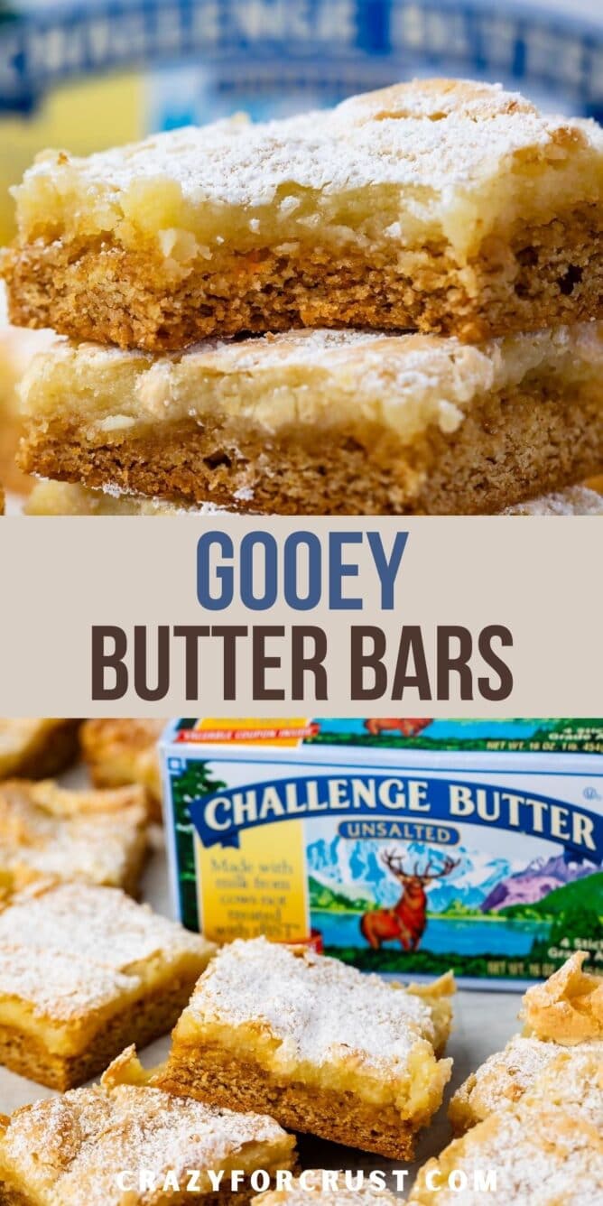 photo of gooey cake bars with bite missing and photo with challenge butter box