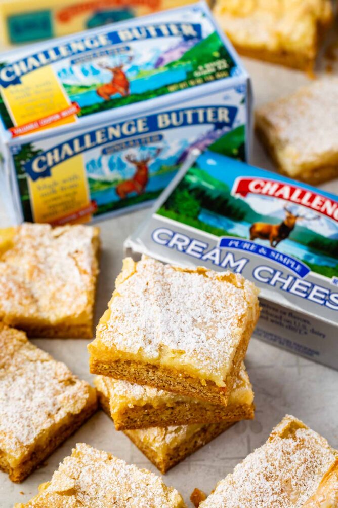 photo of gooey cake bars with challenge butter box